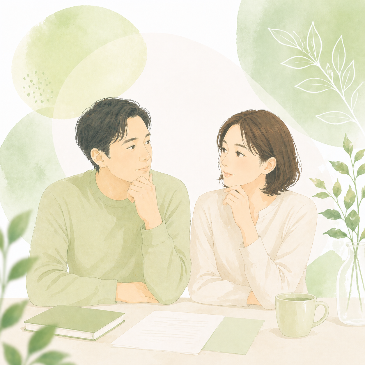 氏の変更について話し合っている二人のイメージ