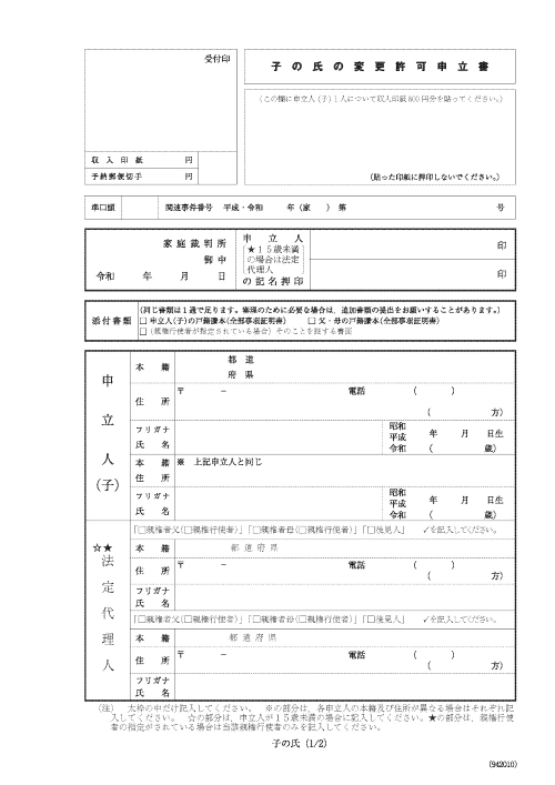 子の氏の変更許可申立書 全体 1ページ目