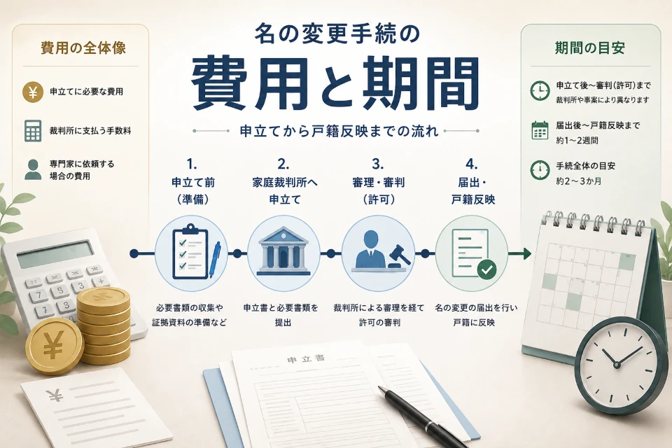 名の変更手続の費用と期間をイメージした図