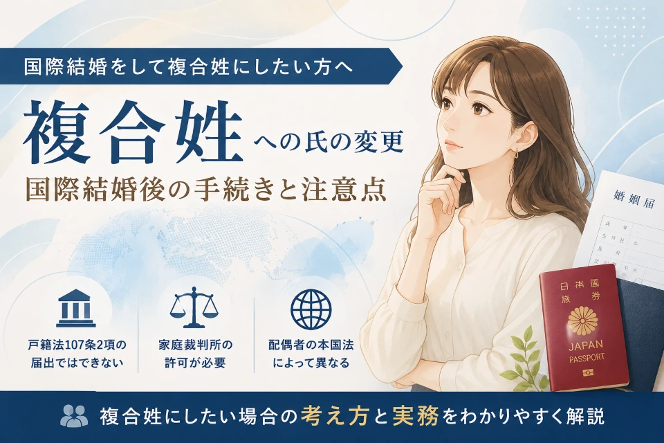 国際結婚後に複合姓へ氏を変更する手続きと注意点を表したイメージ