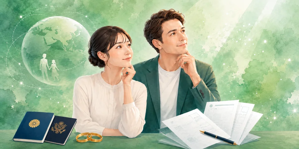 国際結婚をした夫婦とパスポート、届出書類を描いた氏の変更手続きのイメージ