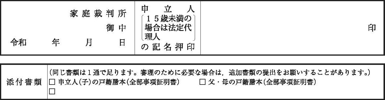 子の氏の変更許可申立書の署名と添付書類の欄