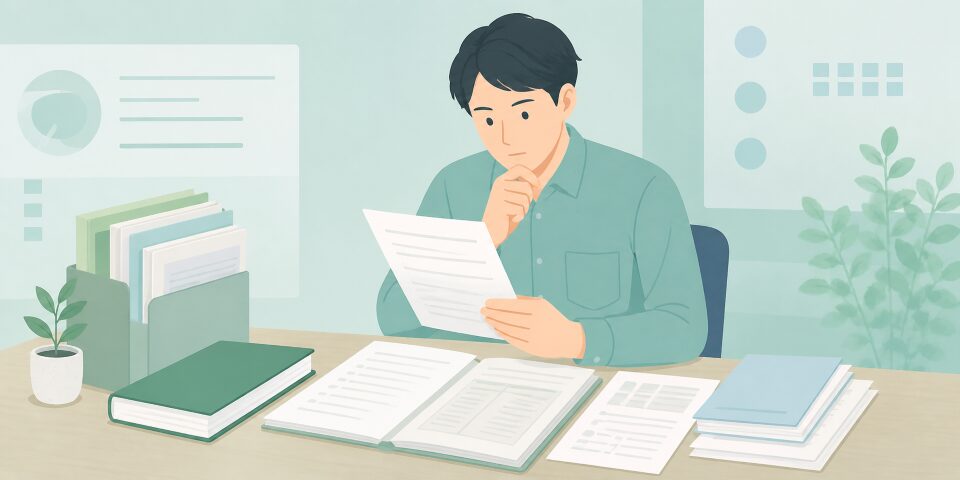 戸籍訂正のために資料をチェックする男性の画像